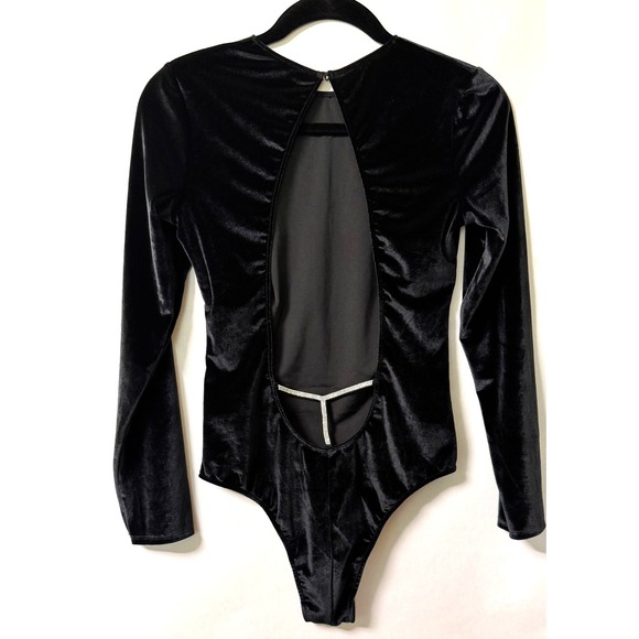 Victoria's Secret Tops - Victoria's Secret Black Velvet Long Sleeve Rhinestone Open Back Bodysuit NWT M